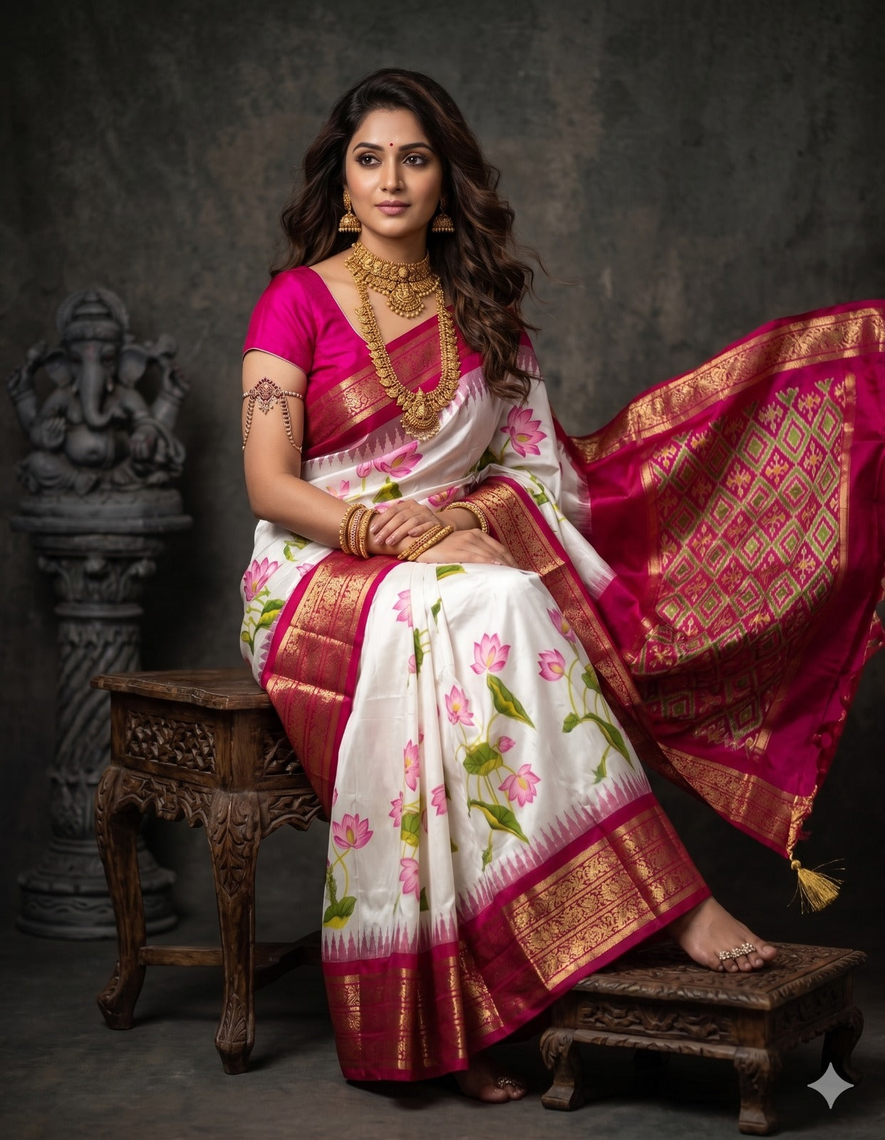 Ikkat Pochampally Handloom Pure Silk Digital Floral Printed Saree With Pallu & Designer Ikkat Blouse | Silk Mark Certified | DS118