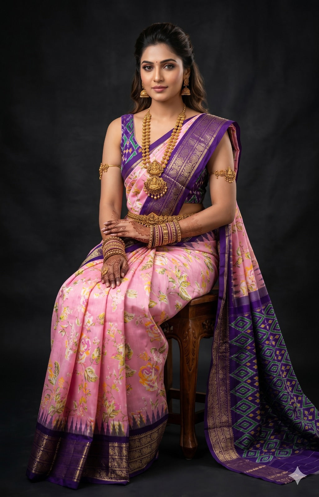 Ikkat Pochampally Handloom Pure Silk Digital Floral Printed Saree With Pallu & Designer Ikkat Blouse | Silk Mark Certified | DS125