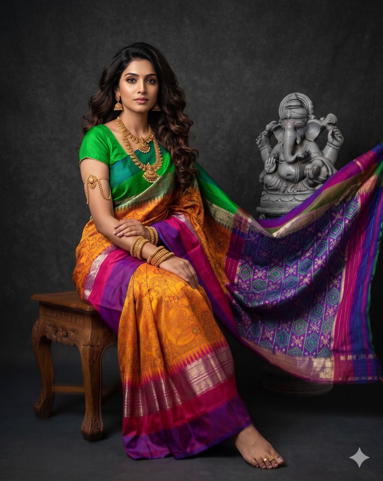 Ikkat Pochampally Handloom Pure Silk Digital Floral Printed Saree With Pallu & Designer Ikkat Blouse | Silk Mark Certified | DS105