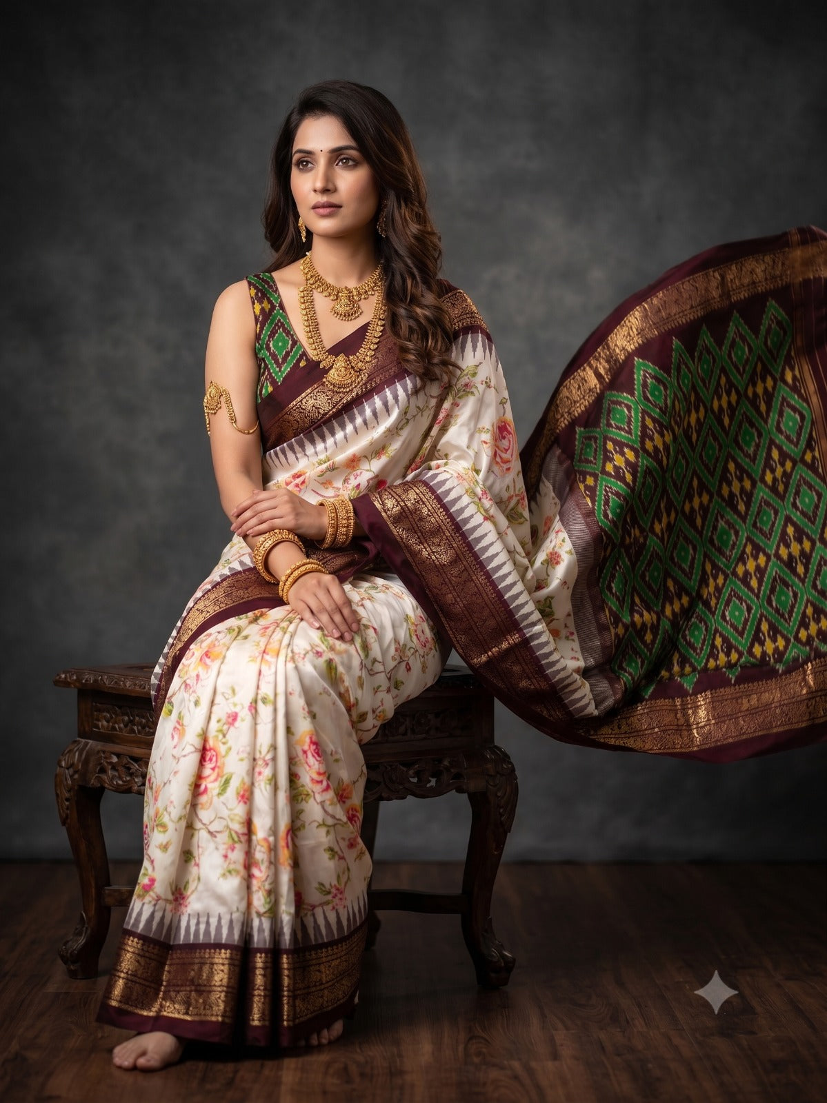 Ikkat Pochampally Handloom Pure Silk Digital Floral Printed Saree With Pallu & Designer Ikkat Blouse | Silk Mark Certified | DS91