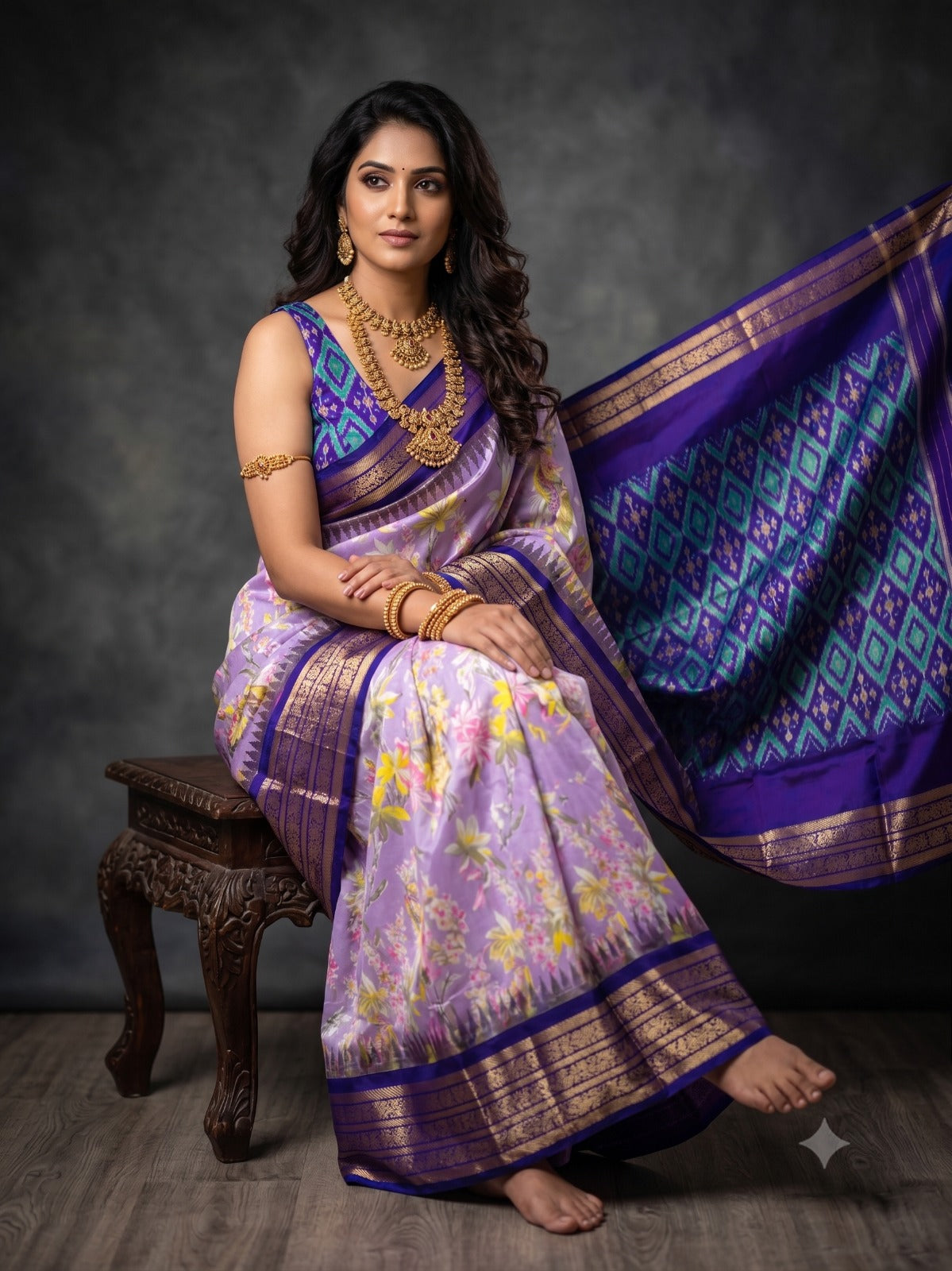 Ikkat Pochampally Handloom Pure Silk Digital Floral Printed Saree With Pallu & Designer Ikkat Blouse | Silk Mark Certified | DS86