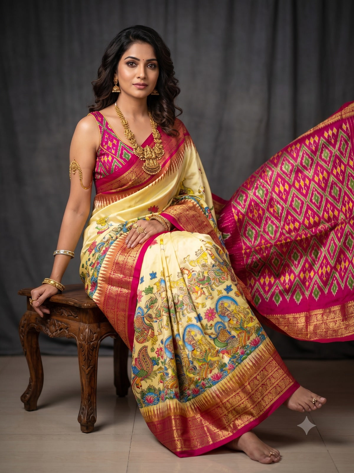 Ikkat Pochampally Handloom Pure Silk Digital Floral Printed Saree With Pallu & Designer Ikkat Blouse | Silk Mark Certified | DS84