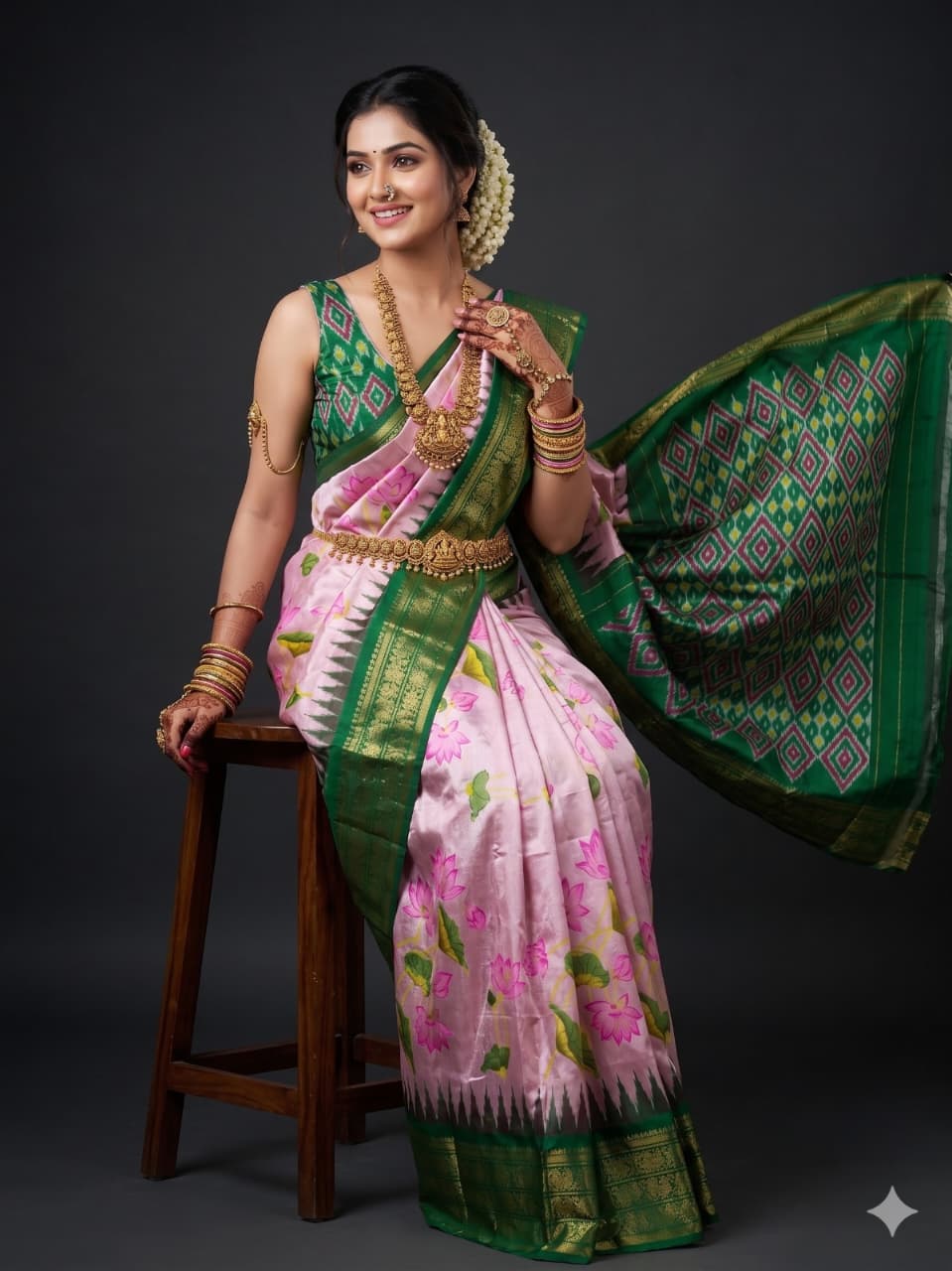 Ikkat Pochampally Handloom Pure Silk Digital Floral Printed Saree With Pallu & Designer Ikkat Blouse | Silk Mark Certified | DS15