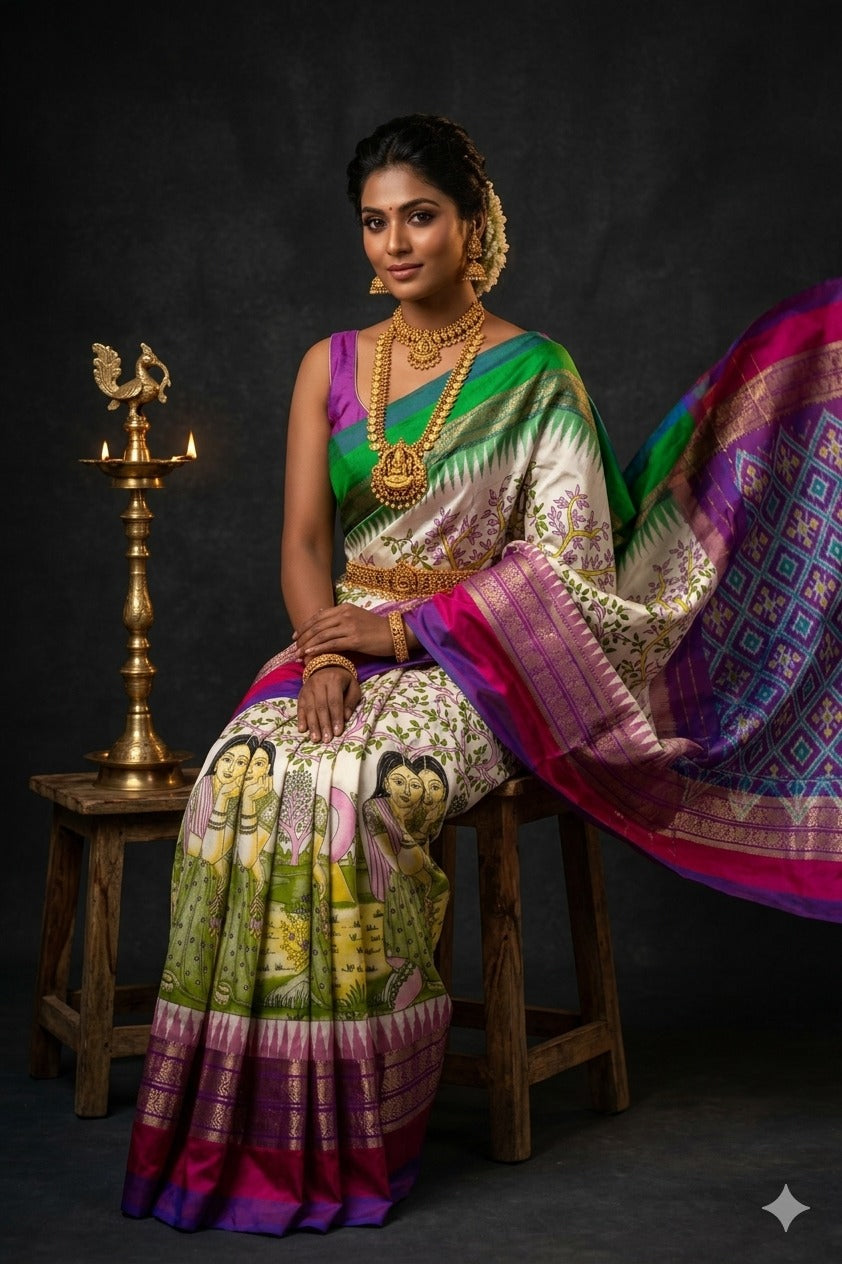 Ikkat Pochampally Handloom Pure Silk Digital Floral Printed Saree With Pallu & Designer Ikkat Blouse | Silk Mark Certified | DS3