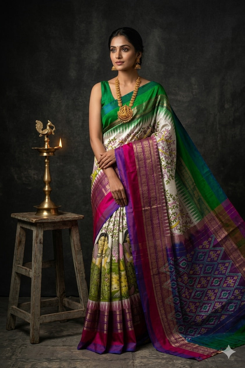Ikkat Pochampally Handloom Pure Silk Digital Floral Printed Saree With Pallu & Designer Ikkat Blouse | Silk Mark Certified | DS5