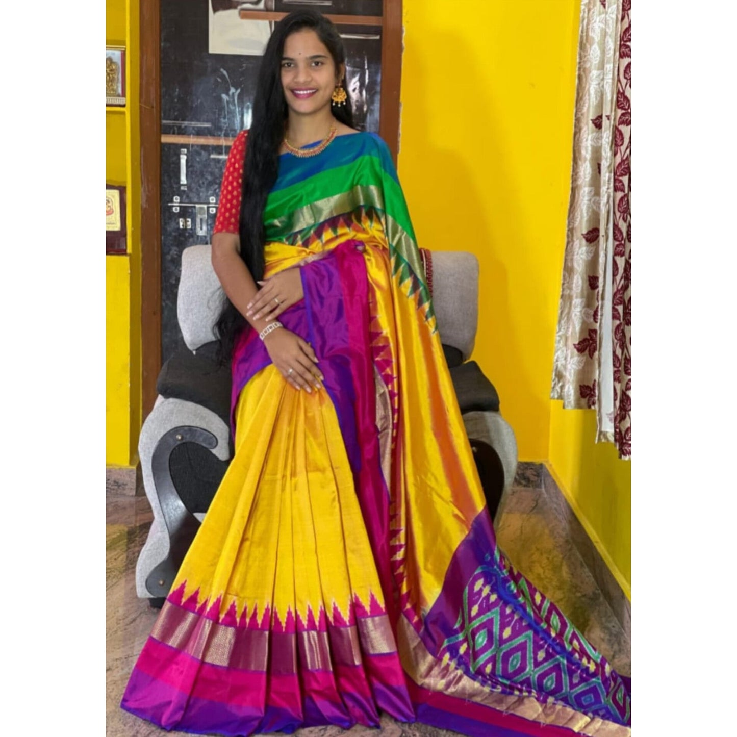 Ikkat Pochampally Handloom Pure Silk Saree with Blouse | Double Warp | Silk Mark Certified