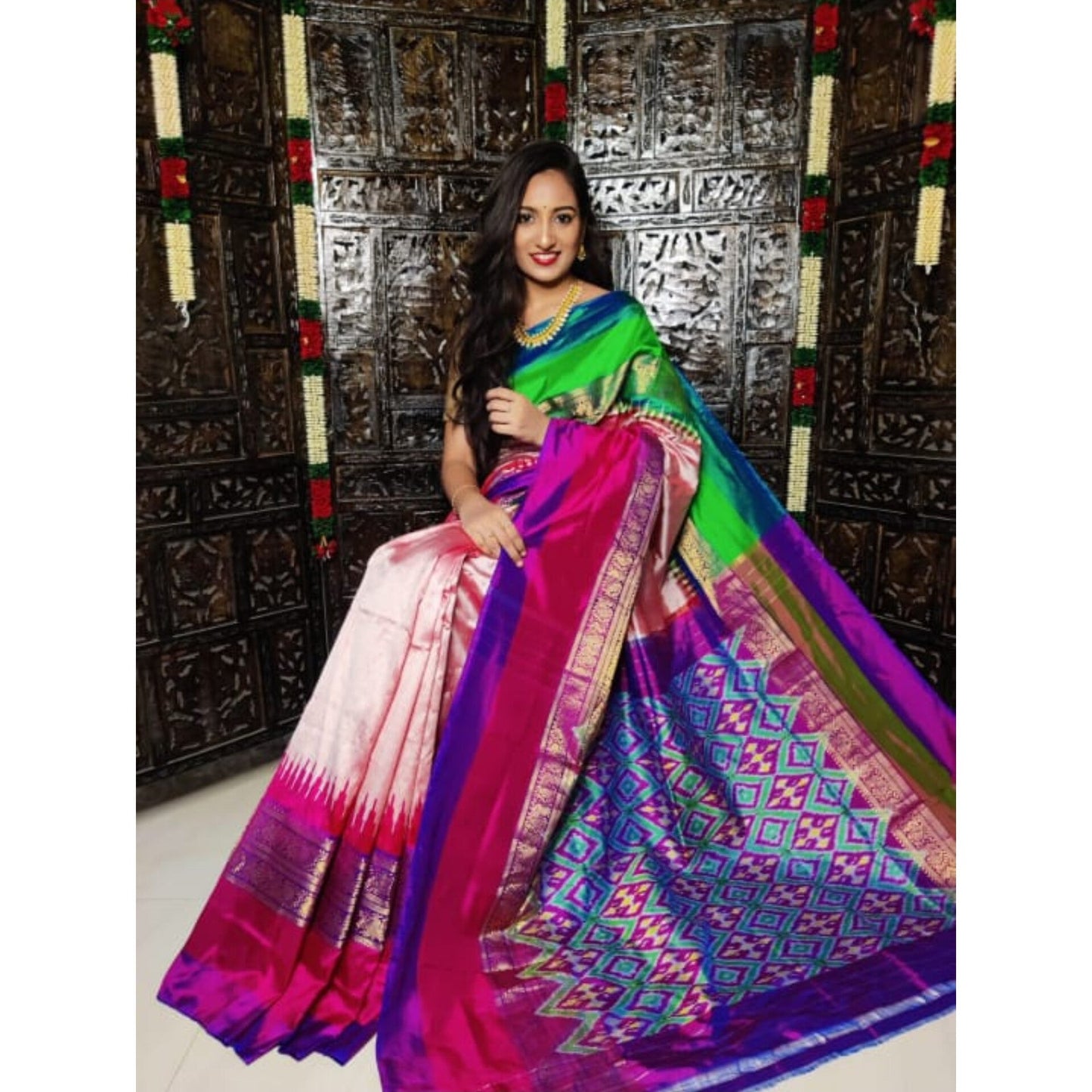 Ikkat Pochampally Handloom Pure Silk Saree with Kanchi Border – Ikat Pallu & Blouse | Double Warp | Silk Mark Certified