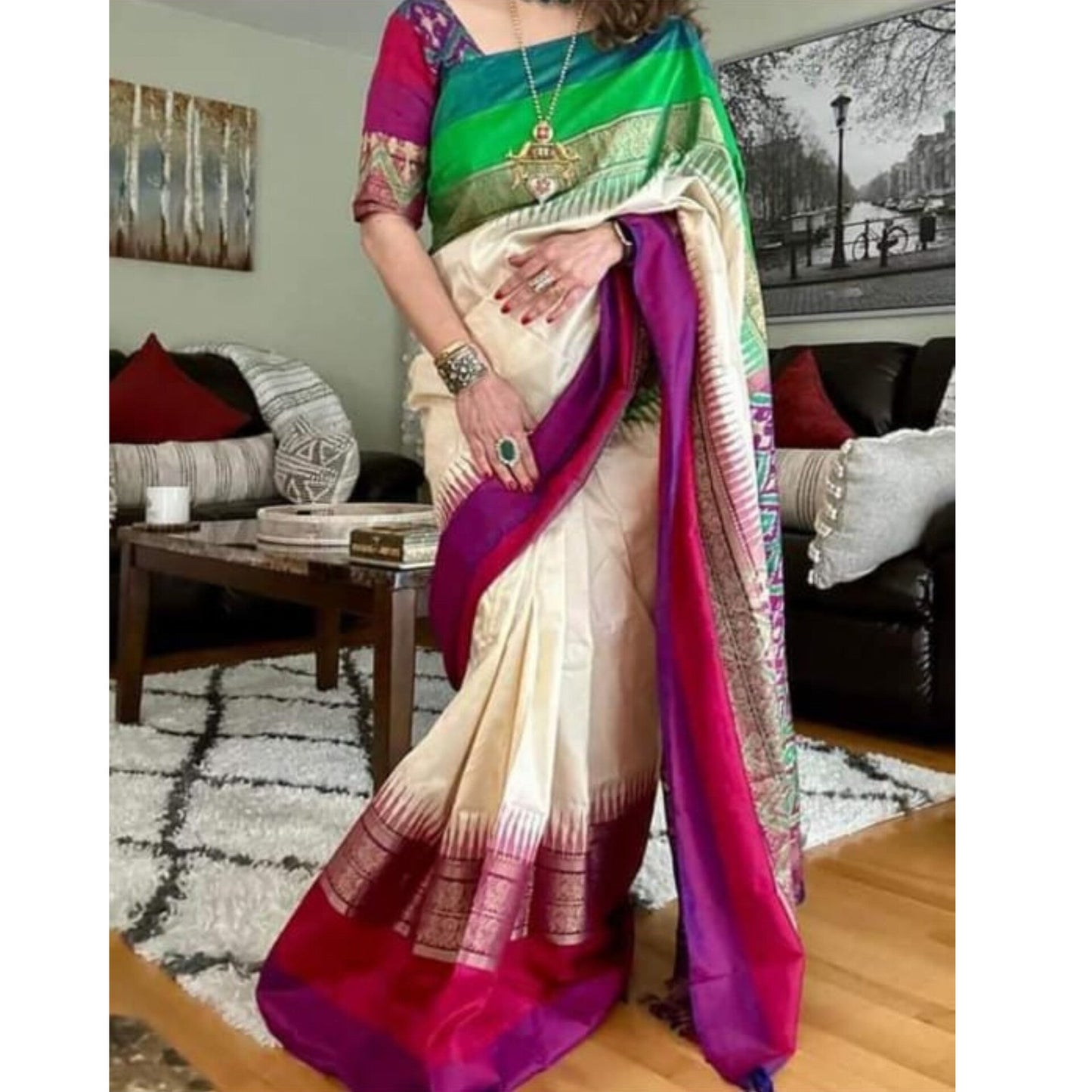 Ikkat Pochampally Handloom Pure Silk Saree with Kanchi Border – Ikat Pallu & Blouse | Double Warp | Silk Mark Certified