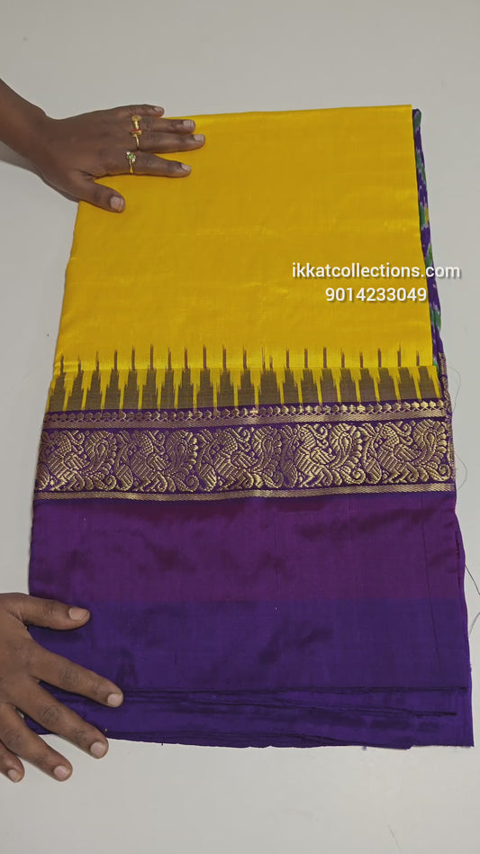 Ikkat Pochampally Handloom Pure Silk Saree with Kanchi Border – Ikat Pallu & Blouse | Double Warp | Silk Mark Certified