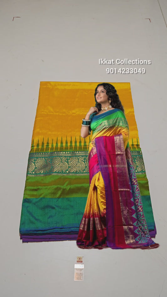 Ikkat Pochampally Handloom Pure Silk Saree with Kanchi Border – Ikat Pallu & Blouse | Double Warp | Silk Mark Certified