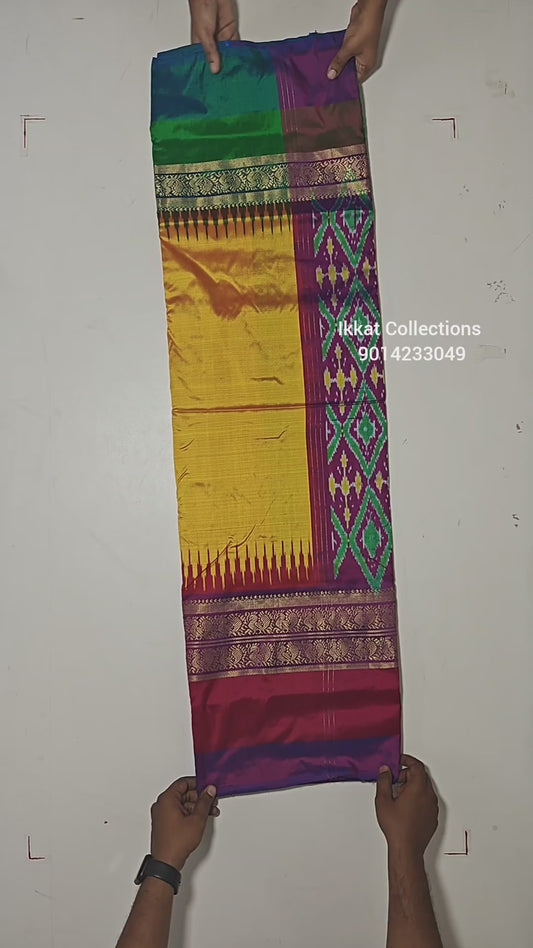Ikkat Pochampally Handloom Pure Silk Saree with Kanchi Border – Ikat Pallu & Blouse | Double Warp | Silk Mark Certified