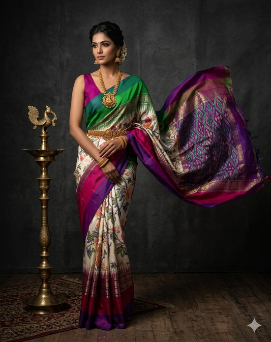 Ikkat Pochampally Handloom Pure Silk Digital Floral Printed Saree With Pallu & Designer Ikkat Blouse | Silk Mark Certified | DS72