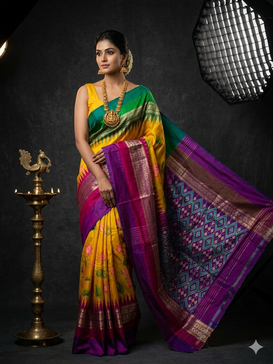 Ikkat Pochampally Handloom Pure Silk Digital Floral Printed Saree With Pallu & Designer Ikkat Blouse | Silk Mark Certified | DS69