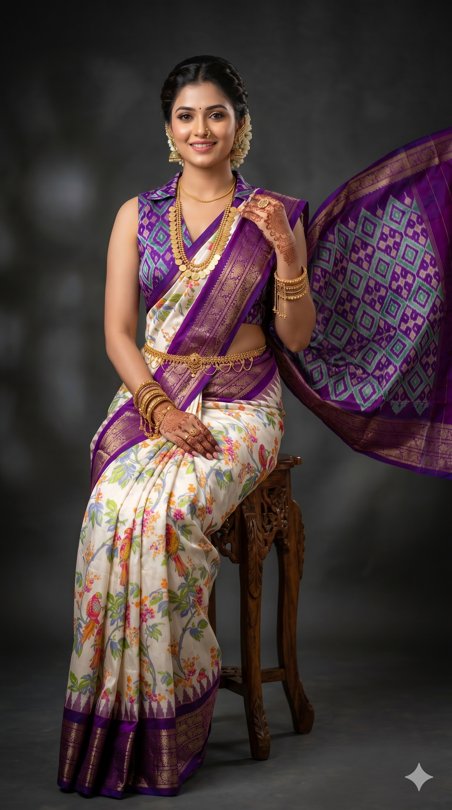 Ikkat Pochampally Handloom Pure Silk Digital Floral Printed Saree With Pallu & Designer Ikkat Blouse | Silk Mark Certified | DS44