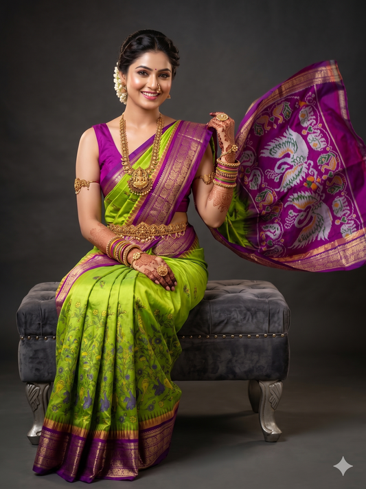 Ikkat Pochampally Handloom Pure Silk Digital Floral Printed Saree With Pallu & Designer Ikkat Blouse | Silk Mark Certified | DS24