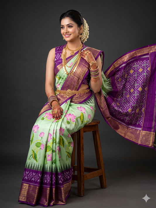 Ikkat Pochampally Handloom Pure Silk Digital Floral Printed Saree With Pallu & Designer Ikkat Blouse | Silk Mark Certified | DS27
