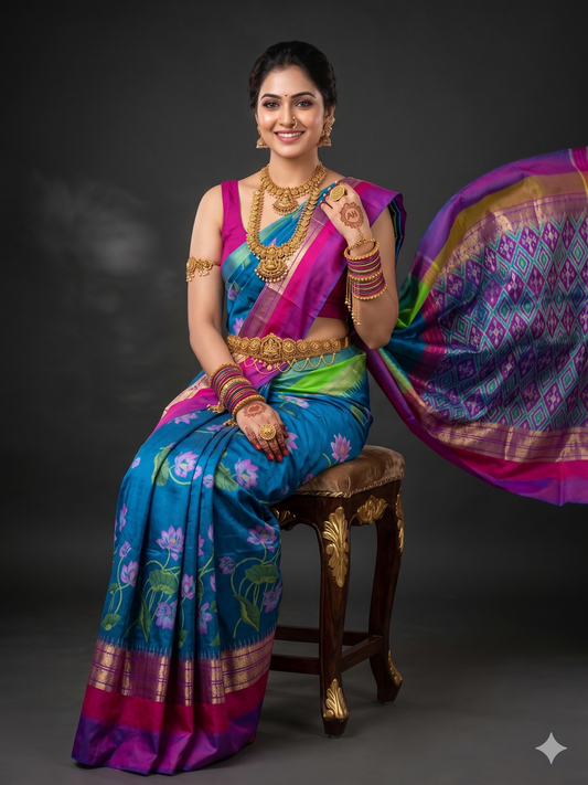 Ikkat Pochampally Handloom Pure Silk Digital Floral Printed Saree With Pallu & Designer Ikkat Blouse | Silk Mark Certified | DS63