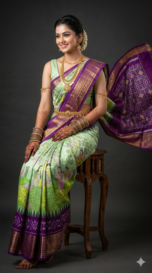 Ikkat Pochampally Handloom Pure Silk Digital Floral Printed Saree With Pallu & Designer Ikkat Blouse | Silk Mark Certified | DS54