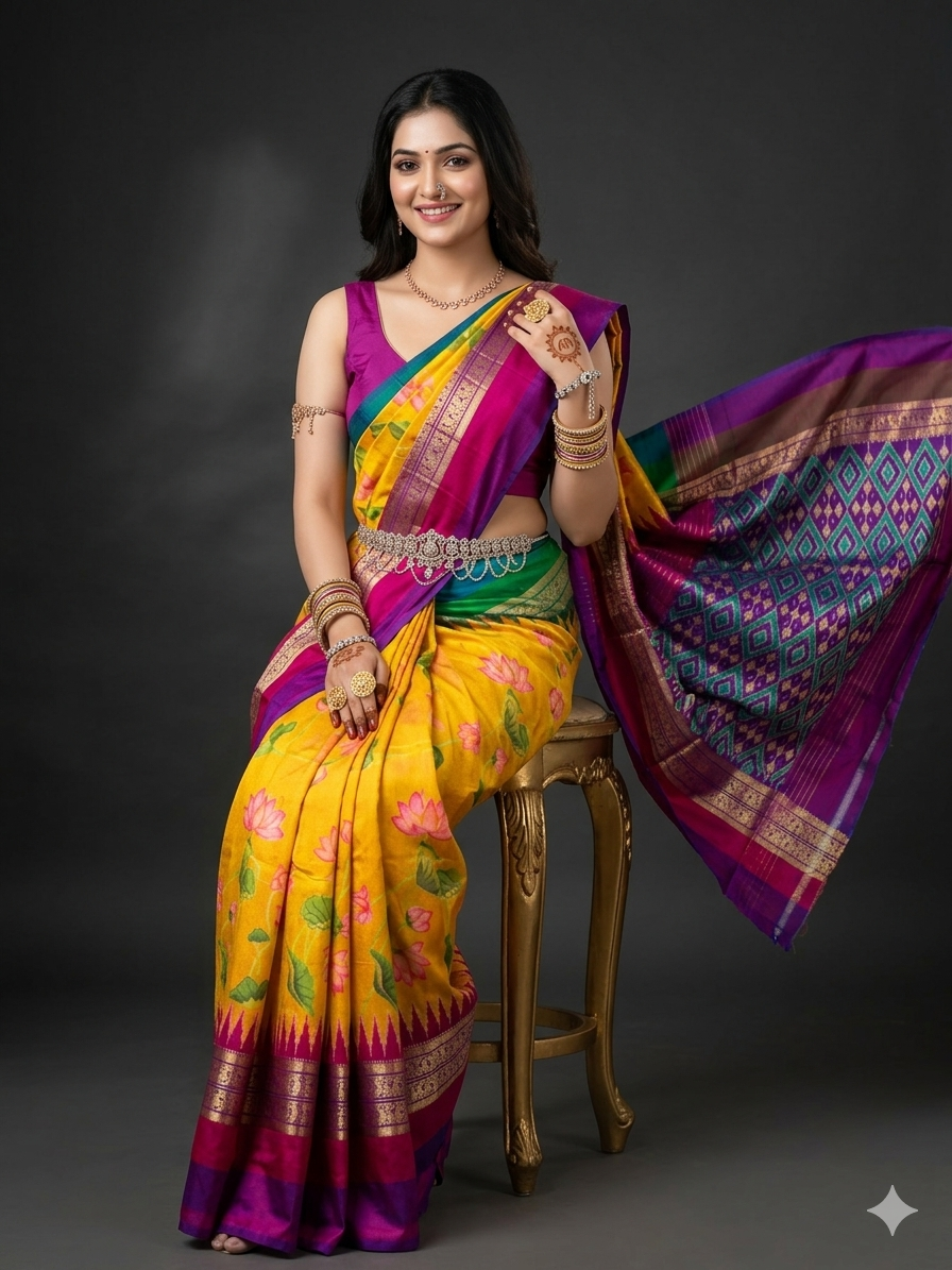 Ikkat Pochampally Handloom Pure Silk Digital Floral Printed Saree With Pallu & Designer Ikkat Blouse | Silk Mark Certified | DS82