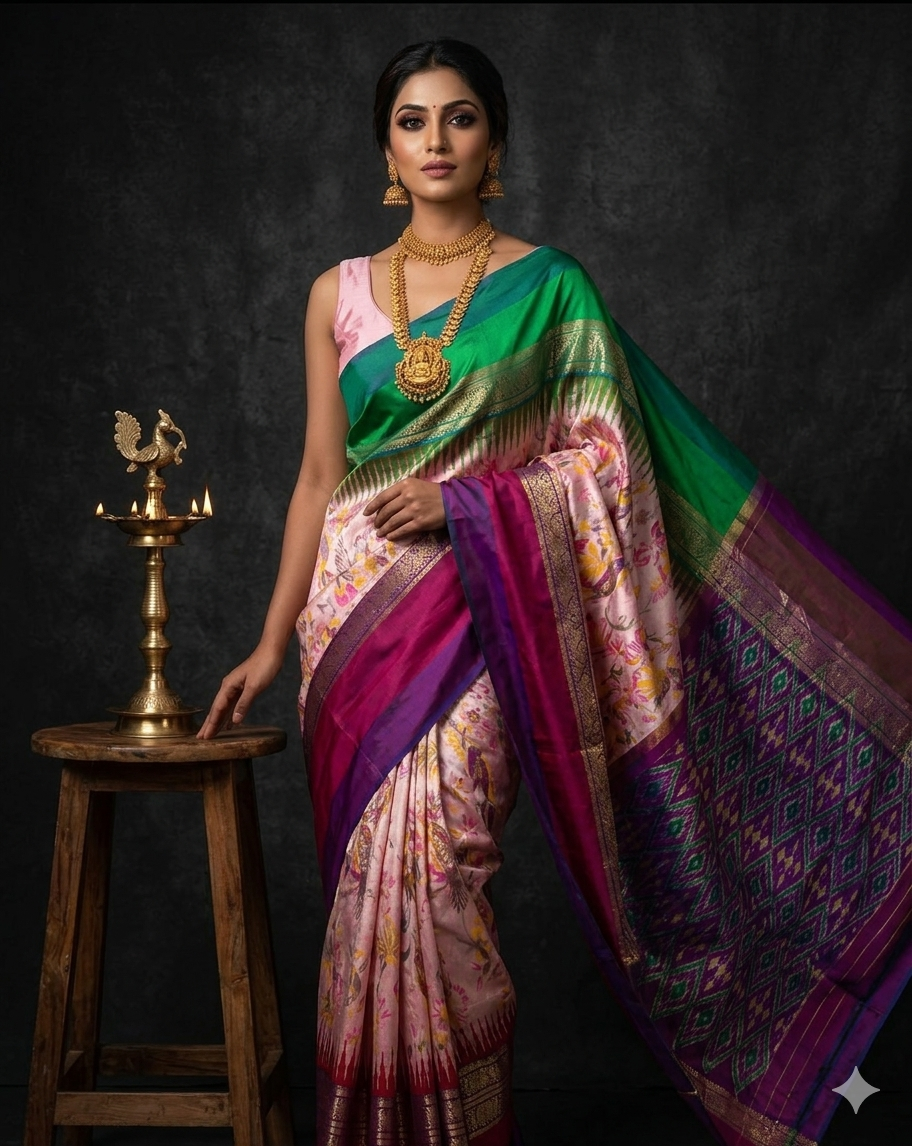 Ikkat Pochampally Handloom Pure Silk Digital Floral Printed Saree With Pallu & Designer Ikkat Blouse | Silk Mark Certified | DS78