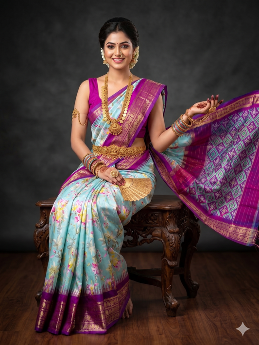 Ikkat Pochampally Handloom Pure Silk Digital Floral Printed Saree With Pallu & Designer Ikkat Blouse | Silk Mark Certified | DS60
