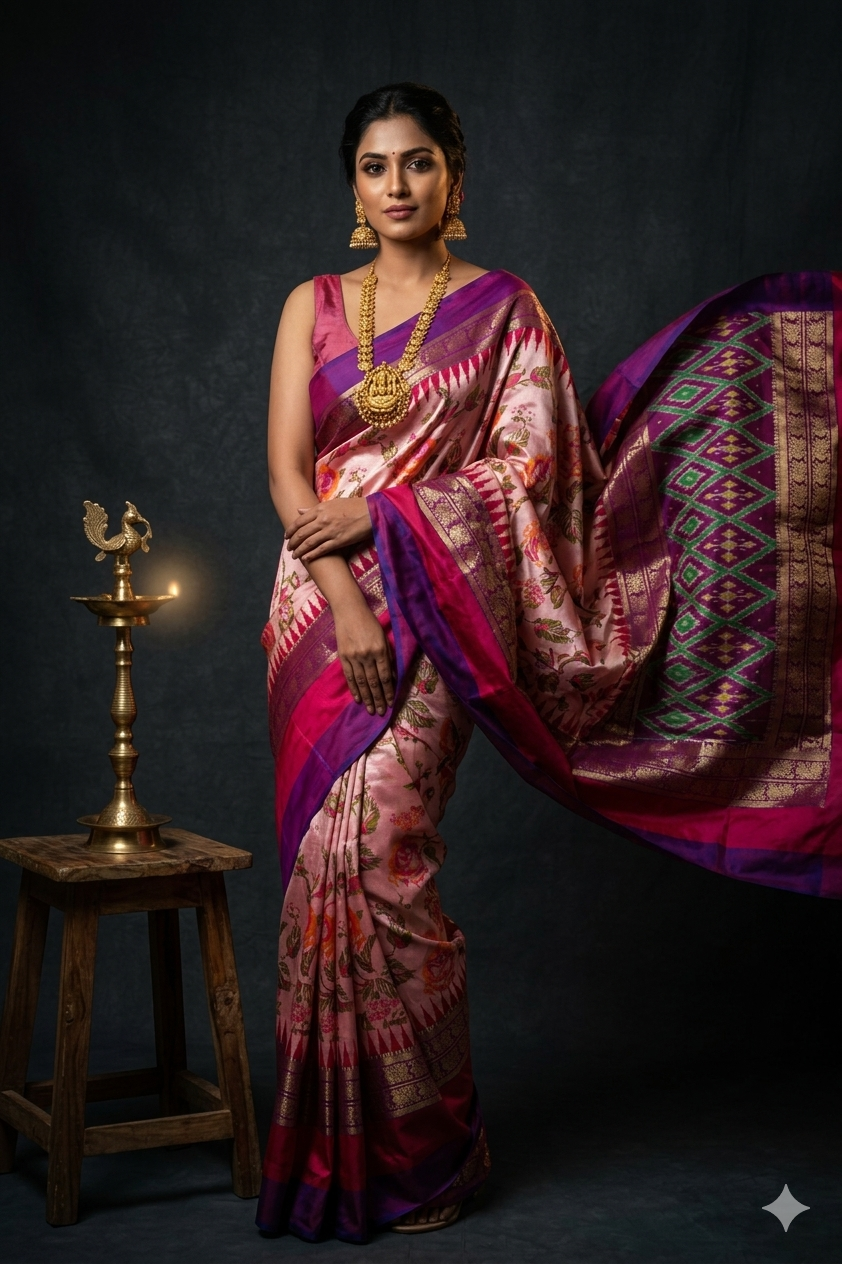 Ikkat Pochampally Handloom Pure Silk Digital Floral Printed Saree With Pallu & Designer Ikkat Blouse | Silk Mark Certified | DS73