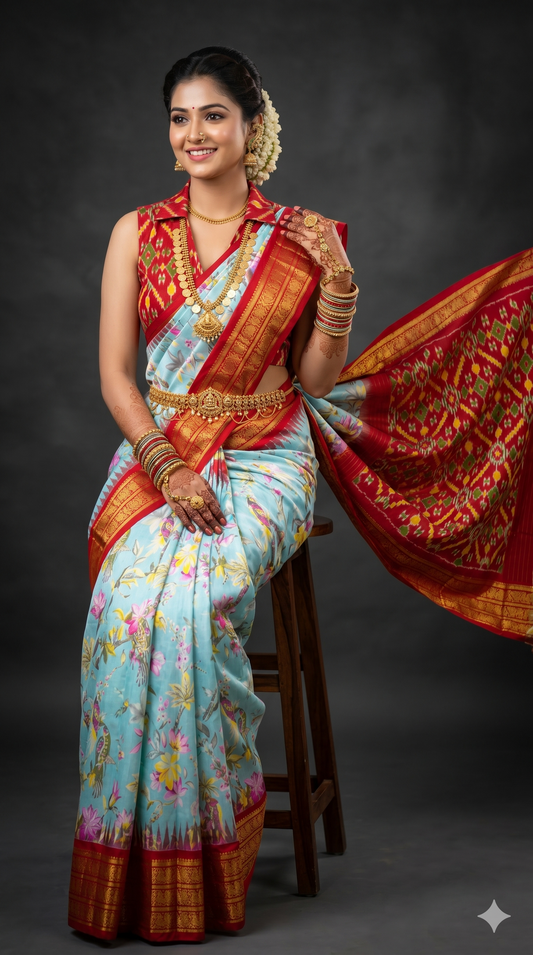 Ikkat Pochampally Handloom Pure Silk Digital Floral Printed Saree With Pallu & Designer Ikkat Blouse | Silk Mark Certified | DS55