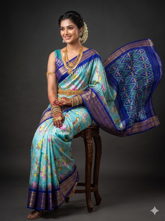 Ikkat Pochampally Handloom Pure Silk Digital Floral Printed Saree With Pallu & Designer Ikkat Blouse | Silk Mark Certified | DS34