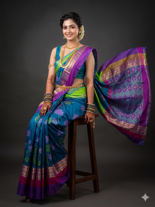 Ikkat Pochampally Handloom Pure Silk Digital Floral Printed Saree With Pallu & Designer Ikkat Blouse | Silk Mark Certified | DS65