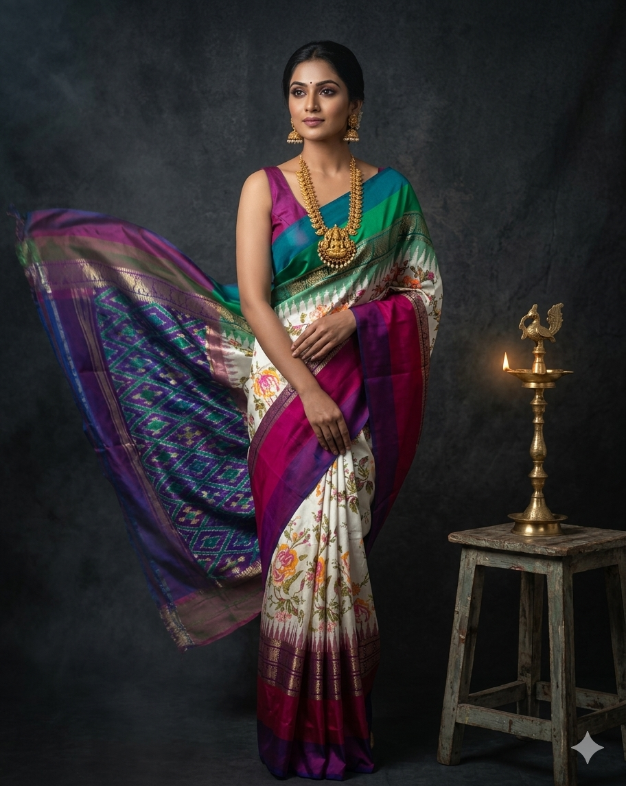 Ikkat Pochampally Handloom Pure Silk Digital Floral Printed Saree With Pallu & Designer Ikkat Blouse | Silk Mark Certified | DS76