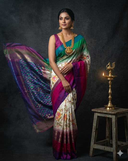 Ikkat Pochampally Handloom Pure Silk Digital Floral Printed Saree With Pallu & Designer Ikkat Blouse | Silk Mark Certified | DS76