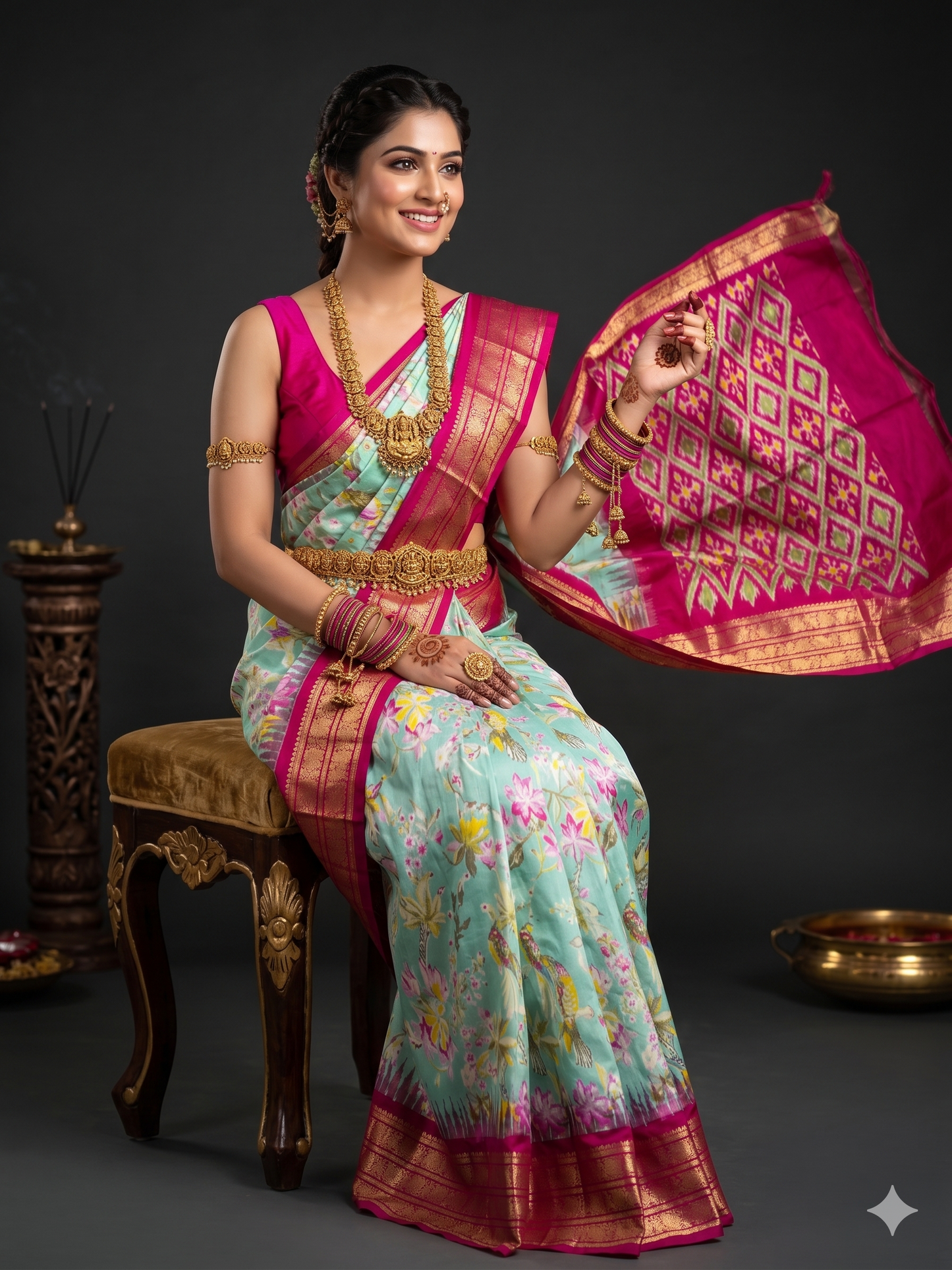 Ikkat Pochampally Handloom Pure Silk Digital Floral Printed Saree With Pallu & Designer Ikkat Blouse | Silk Mark Certified | DS33