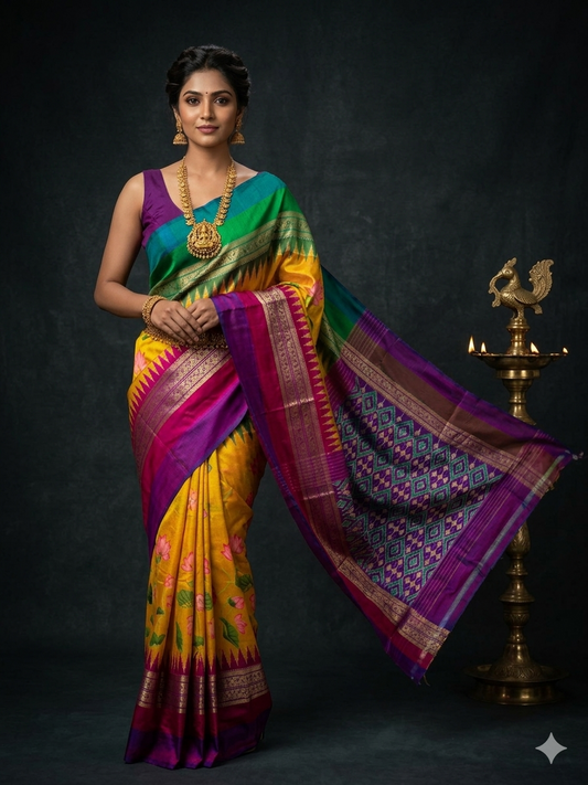 Ikkat Pochampally Handloom Pure Silk Digital Floral Printed Saree With Pallu & Designer Ikkat Blouse | Silk Mark Certified | DS81