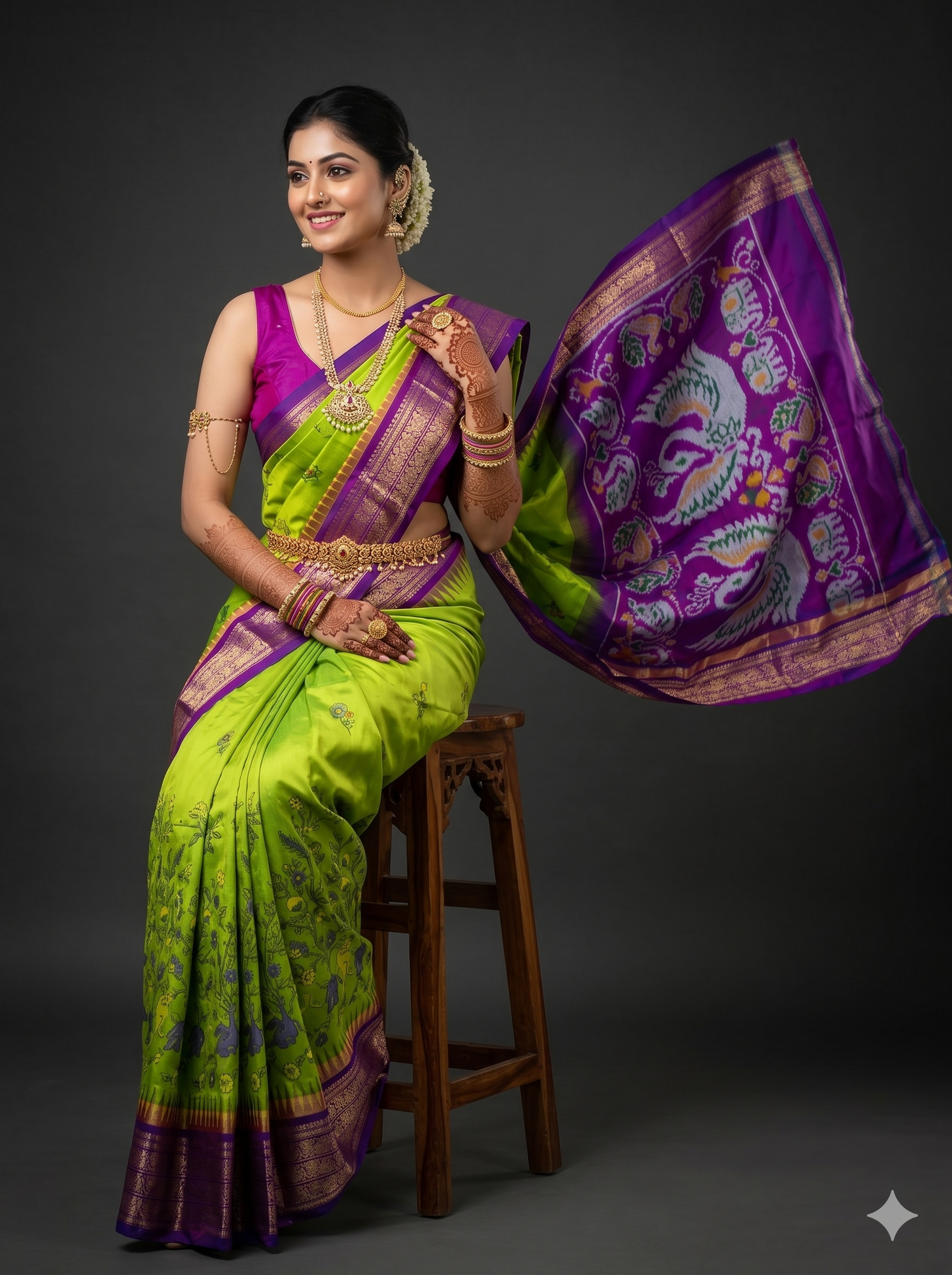 Ikkat Pochampally Handloom Pure Silk Digital Floral Printed Saree With Pallu & Designer Ikkat Blouse | Silk Mark Certified | DS58