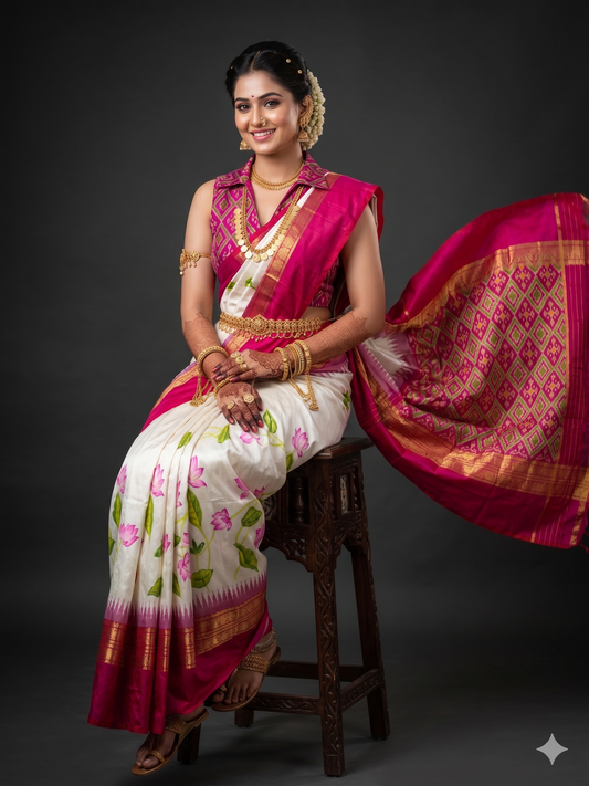 Ikkat Pochampally Handloom Pure Silk Digital Floral Printed Saree With Pallu & Designer Ikkat Blouse | Silk Mark Certified | DS62