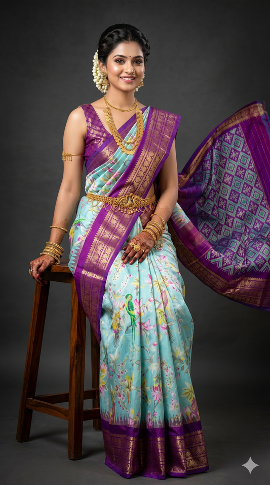 Ikkat Pochampally Handloom Pure Silk Digital Floral Printed Saree With Pallu & Designer Ikkat Blouse | Silk Mark Certified | DS30