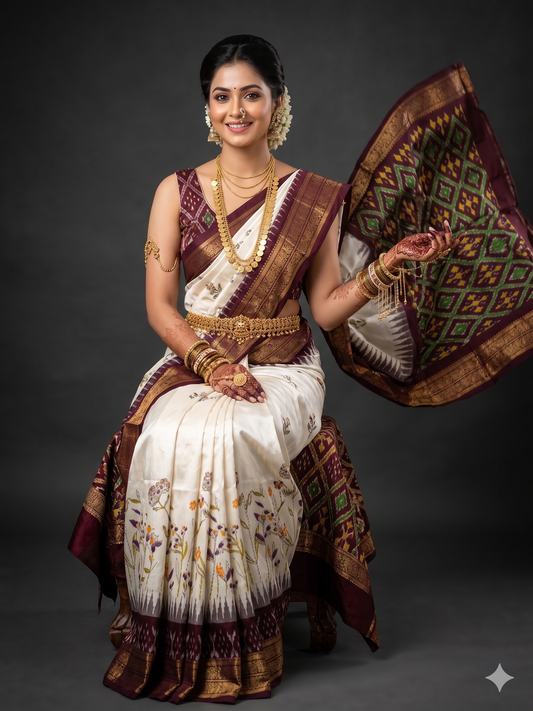 Ikkat Pochampally Handloom Pure Silk Digital Floral Printed Saree With Pallu & Designer Ikkat Blouse | Silk Mark Certified | DS43