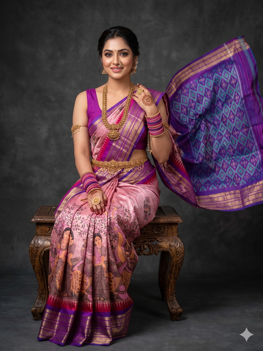 Ikkat Pochampally Handloom Pure Silk Digital Floral Printed Saree With Pallu & Designer Ikkat Blouse | Silk Mark Certified | DS25