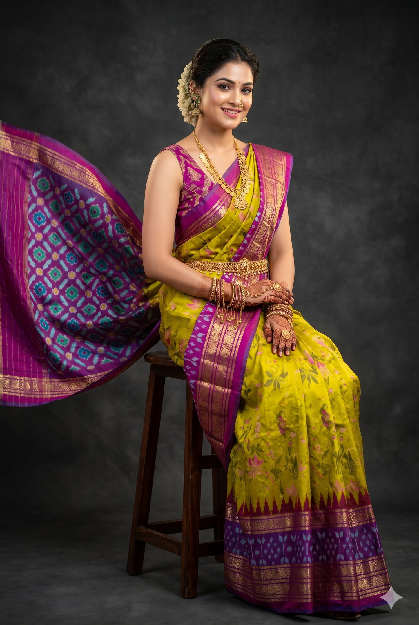 Ikkat Pochampally Handloom Pure Silk Digital Floral Printed Saree With Pallu & Designer Ikkat Blouse | Silk Mark Certified | DS61