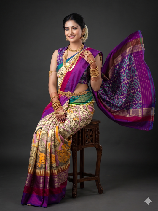 Ikkat Pochampally Handloom Pure Silk Digital Floral Printed Saree With Pallu & Designer Ikkat Blouse | Silk Mark Certified | DS53