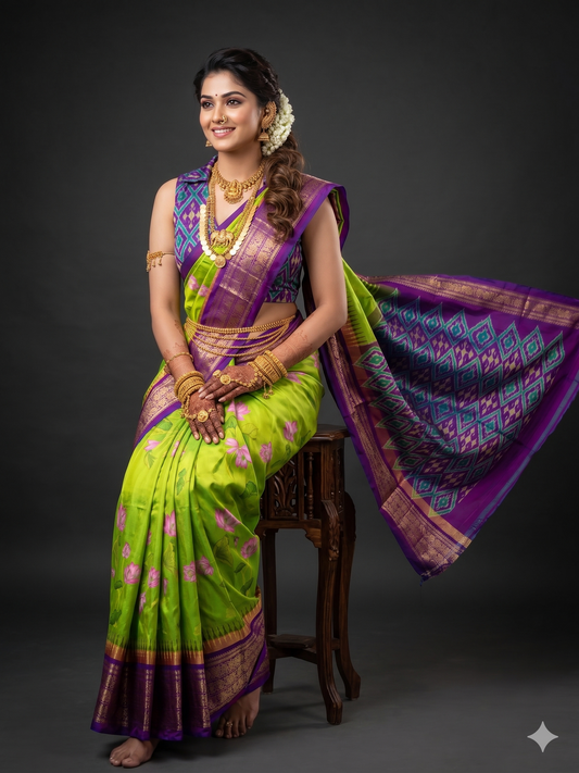 Ikkat Pochampally Handloom Pure Silk Digital Floral Printed Saree With Pallu & Designer Ikkat Blouse | Silk Mark Certified | DS57