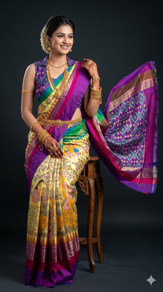 Ikkat Pochampally Handloom Pure Silk Digital Floral Printed Saree With Pallu & Designer Ikkat Blouse | Silk Mark Certified | DS36