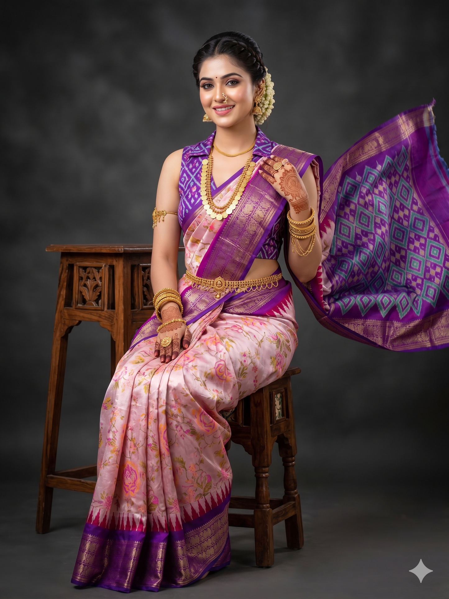 Ikkat Pochampally Handloom Pure Silk Digital Floral Printed Saree With Pallu & Designer Ikkat Blouse | Silk Mark Certified | DS99
