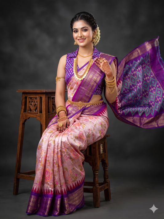 Ikkat Pochampally Handloom Pure Silk Digital Floral Printed Saree With Pallu & Designer Ikkat Blouse | Silk Mark Certified | DS99