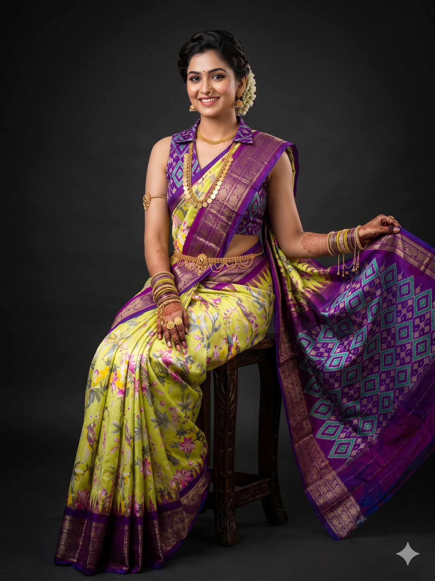 Ikkat Pochampally Handloom Pure Silk Digital Floral Printed Saree With Pallu & Designer Ikkat Blouse | Silk Mark Certified | DS46