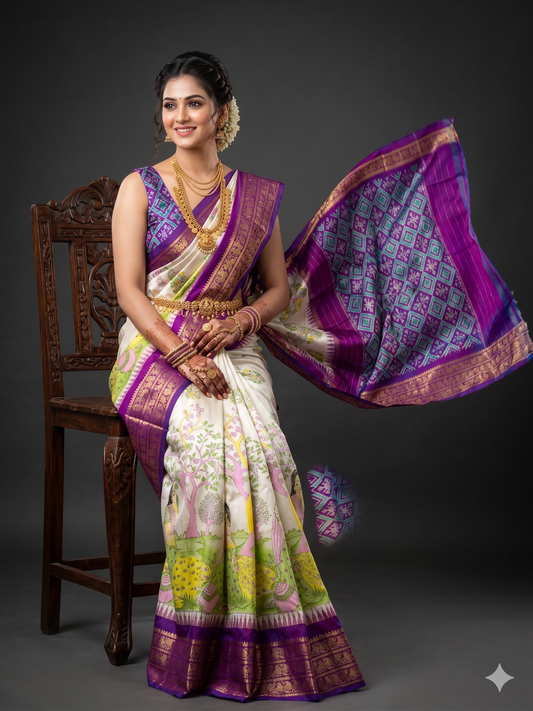 Ikkat Pochampally Handloom Pure Silk Digital Floral Printed Saree With Pallu & Designer Ikkat Blouse | Silk Mark Certified | DS28