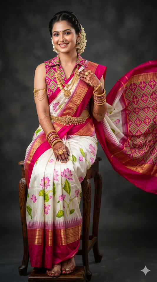 Ikkat Pochampally Handloom Pure Silk Digital Floral Printed Saree With Pallu & Designer Ikkat Blouse | Silk Mark Certified | DS64