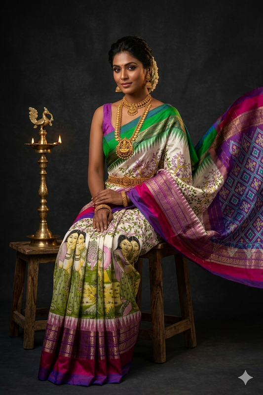 Ikkat Pochampally Handloom Pure Silk Digital Floral Printed Saree With Pallu & Designer Ikkat Blouse | Silk Mark Certified | DS77
