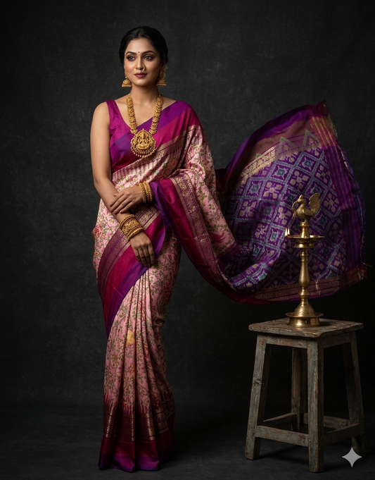 Ikkat Pochampally Handloom Pure Silk Digital Floral Printed Saree With Pallu & Designer Ikkat Blouse | Silk Mark Certified | DS83