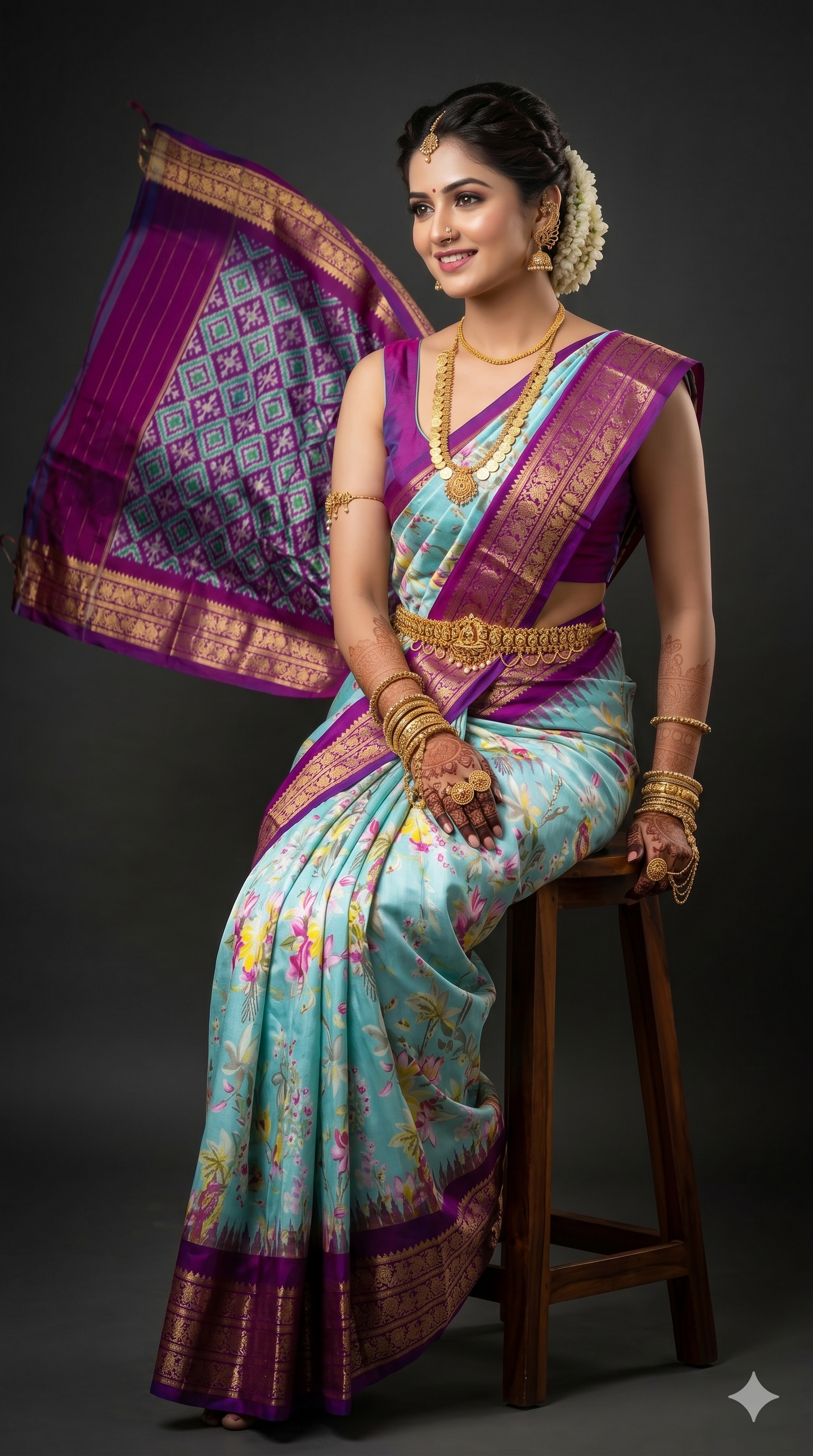 Ikkat Pochampally Handloom Pure Silk Digital Floral Printed Saree With Pallu & Designer Ikkat Blouse | Silk Mark Certified | DS38
